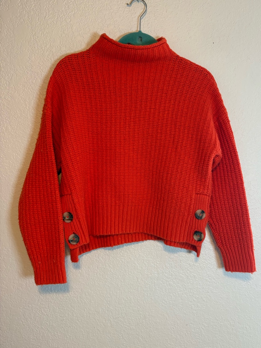 Madewell Womens Mock Neck Sweater Orange Red Side Button Shaker Knit Wool